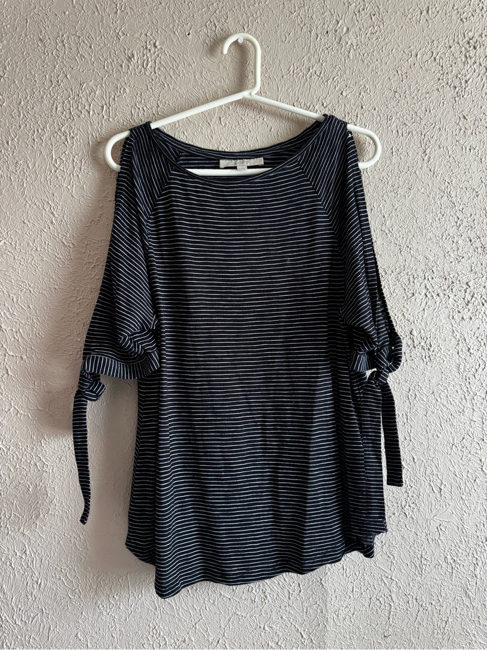 LOFT Black & White Striped Cold-Shoulder Tie-Sleeve Top